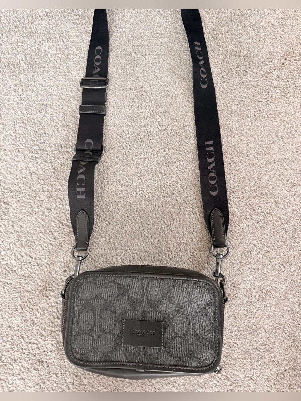 Coach Men’s Gray Signature Crossbody Messenger with Logo Strap